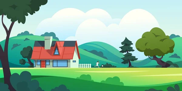 森の家。木々や夏の自然シーンの間の農村部の建物と田舎の漫画の風景。ベクトルイラストと家とランニング子供 — ストックベクタ