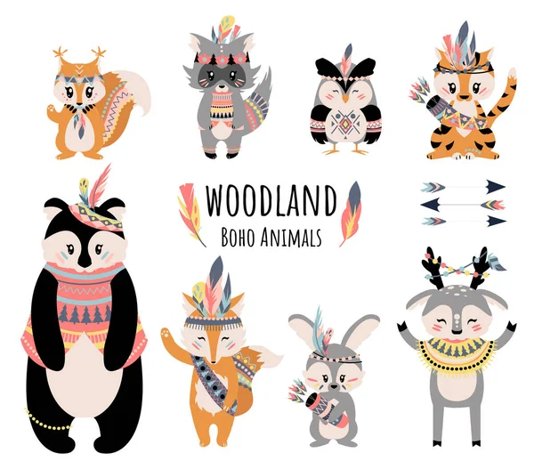 Des animaux Boho. Mignon dessin animé bois raton laveur renard ours lapin renard et autres animaux de la forêt. Illustration vectorielle de personnages drôles pour enfants — Image vectorielle