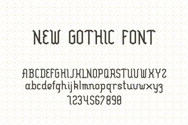 Gotik yazı tipi. İngilizce harfler, sayılar. Büyük harfli klasik geometrik alfabe, küçük harfler ve etiketler için rakamlar, poster tasarımı. Harf vektörü geometrik yazı tipi şablonu