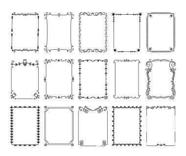 Süslü sınırlar. Şatafatlı elementler ve antika filigran içeren eski çerçeveler. İzole edilmiş beyaz arkaplan vektör karesi üzerindeki düz siyah çizgiler sertifika ve tebrik kartları için süslenir