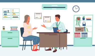 Hasta danışmanlığı. Doktor randevusu ve muayenesi, karikatür doktoru ya da psikolog. Tıbbi sağlık, özel ofis içi, mesleki vektör düz illüstrasyon