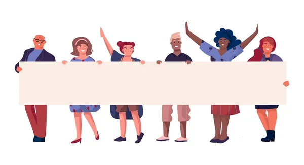 Pessoas em manifestação. Pessoas segurando banner horizontal vazio com espaço de cópia, personagens planas felizes na reunião. Ilustração de vetor de manifestação ativista multicultural política —  Vetores de Stock