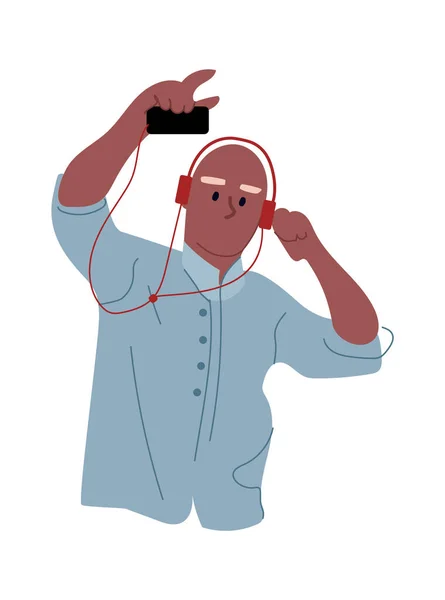 Tecknad man lyssnar musik. Dansande karaktär med mobila och röda hörlurar. Pojke med smartphone sång fritid, underhållning koncept platt vektor isolerad på vit illustration — Stock vektor