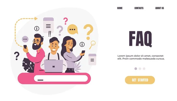 Página de destino de preguntas. Preguntas frecuentes. La gente hace preguntas frecuentes. Hombres y mujeres que encuentran información en Internet. Foro de ayuda y centro de soporte en línea, aplicación móvil o banner web vector plantilla plana — Vector de stock