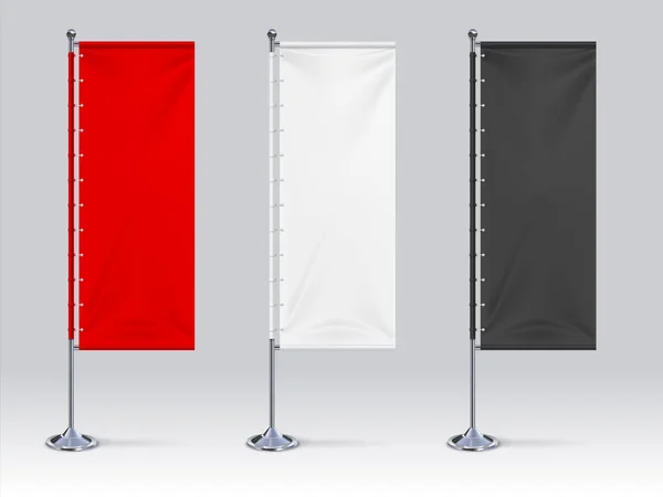 Vlag spandoek model. Realistische blanco hangende reclamedoek, witte rode en zwarte stof outdoor beursstand. 3D banners voor branding, logo 's en symbolen vector design template set — Stockvector