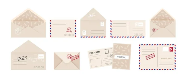 Envelop en wenskaart. Cartoon uitnodigingsbrief en ansichtkaart set met postzegels. Vierkant dekt voor-en achterkant, open en dicht post express levering. Geïsoleerde vectorverzameling — Stockvector