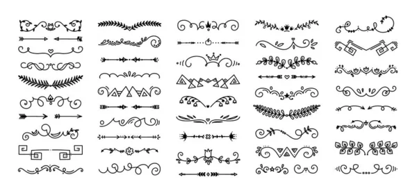 Doodle flourish dividers. Hand drawn ornament elements for greeting cards and invitations decorative frames. Black lines on white isolated background. Vector vintage flat borders set — Stock Vector