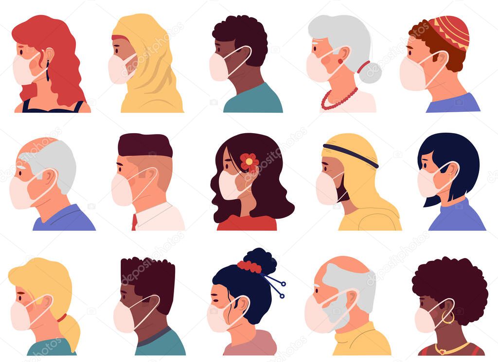 People in mask avatars. Cartoon profile portraits of male and female characters, coronavirus prevention. Multicultural men and women use individual protection. Vector disease covid-19 concept