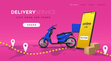 Teslimat inişi. Çevrimiçi yiyecek ve eşya servisi. Düğmeler ve harflerle bağlantı kur. Ürünler ev ve ofis için uygulama sipariş eder. Gerçekçi scooter, akıllı telefon ile vektör web sayfası