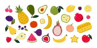 Çizgi film meyveleri. Çörek yaz meyveleri, karpuz portakalı limon, bahçe vejetaryeni organik ürün. Ambalaj kağıdı, tekstil, sofra takımı için sevimli egzotik bir lezzet. İzole edilmiş tropikal küme