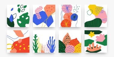 Modern karalama posteri. Sanat sembollü soyut el çizimi kolajı. Beyaz arkaplanda kırmızı, mavi, yeşil formlar, parlak renkli doku ağ şablonu, iç duvar dekor vektör kümesi