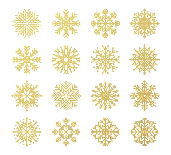 Gouden sneeuwvlokken. Kerst ontwerp sjablonen voor decoratie en wenskaarten. Wikkel papier mockup, winter feestelijk textiel. IJskristallen decoratieve elementen vector geïsoleerde set — Stockvector