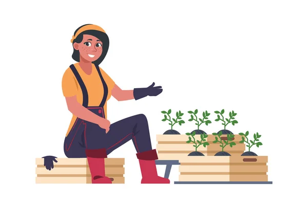 Kobieta ogrodnik. Słodka dziewczyna siedzi w pobliżu sadzonek. Hodowla roślin, hobby i rekreacja. Reklama odzieży roboczej i narzędzi ogrodowych. Rolnictwo ekologiczne, ilustracja wektora ogrodnictwa — Wektor stockowy