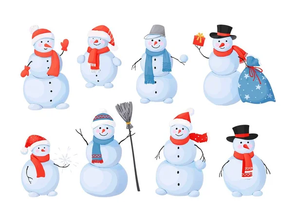 Hombre de nieve. Dibujos animados personajes de Navidad con caras felices, escultura para la actividad al aire libre de invierno. Figura de nieve y hielo de bolas blancas con bufandas y sombreros, nariz de zanahoria vector conjunto aislado — Vector de stock