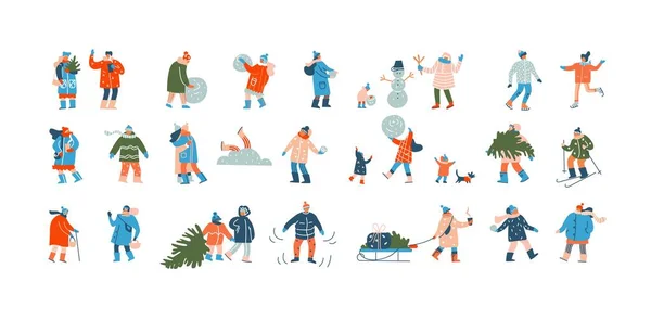 Les gens d'hiver. Groupe de personnages de dessins animés habillés en vêtements d'hiver avec des écharpes et des chapeaux, faisant des activités de plein air. Les familles font bonhomme de neige, portent des arbres de Noël. Ensemble plat isolé vectoriel — Image vectorielle