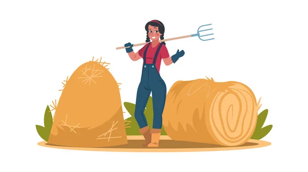 Woman with pitchfork near hayloft. Farmer prepares hay in autumn. Bio, eco food for domestic animal. Straw in haystack and agricultural equipment. Vector cartoon isolated illustration — Stock Vector