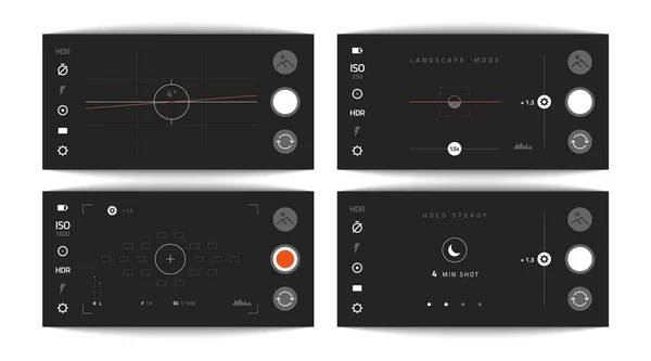 Kamerasökare. Mobil video och foto app. Realistiskt gränssnitt med horisontella, liggande läge, UI-element. Mörk smartphone eller videokamera skärmknappar. Vektor ögonblicksbild display set — Stock vektor