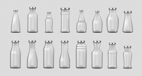 Des bouteilles en verre. Réalistes récipients vides 3D pour le lait, l'eau, le café et la publicité de jus. Collecte des paquets fermés sous différentes formes maquette. Ensemble de gabarits de bocal transparent isolé vectoriel — Image vectorielle