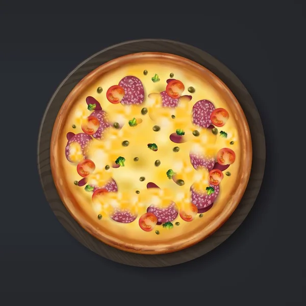 Gerçekçi pizza. Peynirli, domatesli ve salamlı İtalyan yemeği. Geleneksel menü, pizzacı reklam şablonu. Çevrimiçi dağıtım uygulaması, vektör izole resimleme — Stok Vektör