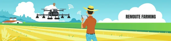 Bandiera dell'agricoltura remota. Un uomo sveglio controlla quadricottero a distanza, controller droni wireless. Innovazione agricola, tecnologia intelligente. Manifesto orizzontale con lettering concetto di agricoltura vettoriale — Vettoriale Stock