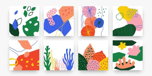 Moderne doodle poster. Abstracte handgetekende collage met kunstsymbolen. Rood, blauw, groene vormen op witte achtergrond, felgekleurde textuur web template, interieur muur decor vector grafische set — Stockvector