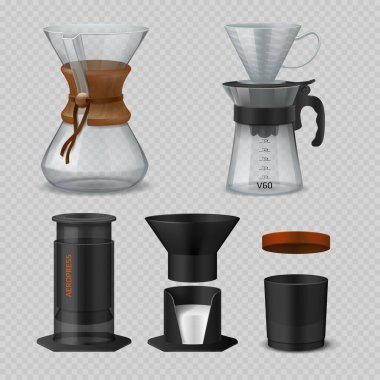 Alternatif kahve. Kahve filtreleme yöntemleri için gerçekçi cam mataralar hario V60, hava basıncı ve Chemex. Vektör izole kahve kapları ayarlandı
