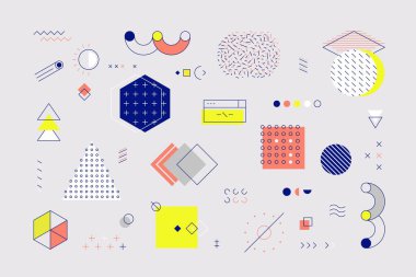 Memphis elementleri. Reklam ve sosyal ağ gönderileri için çizgileri ve şablonları olan geometrik şekiller ve grafik elementler. Vektör asgari kümesi