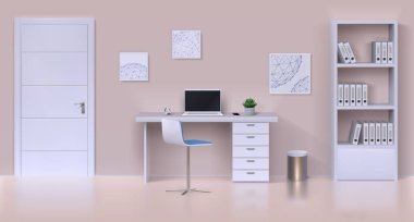 Kabine içi. Çalışma masası, bilgisayar, ofis kırtasiyesi ve ev bitkisi olan gerçekçi bir ofis modeli. Mobilyalı vektör iç şablonu