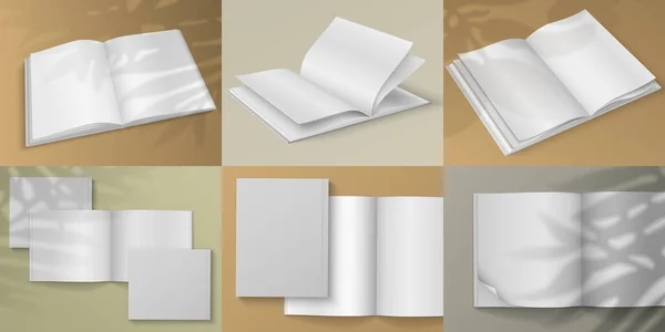 Ρεαλιστικό περιοδικό. Λευκό λευκό φυλλάδιο mockup σε έγχρωμο φόντο με σκιά επικαλύψεις αποτέλεσμα. Κενό φύλλο διανύσματος για απεικόνιση σχεδίασης — Διανυσματικό Αρχείο