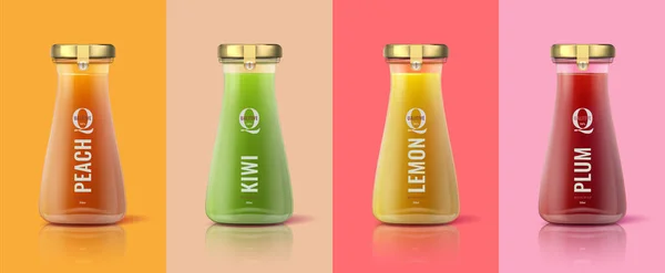 Detox-Saftflaschen. Realistische Glas-Attrappe mit bunten gesunden Getränken für Branding und Werbung. Vektorisolierte Designvorlage — Stockvektor