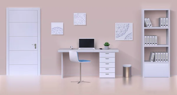 Kabinet interieur. Realistische home office mockup met werktafel, computer, kantoorbenodigdheden en home plant. Vector interieur template met meubilair — Stockvector