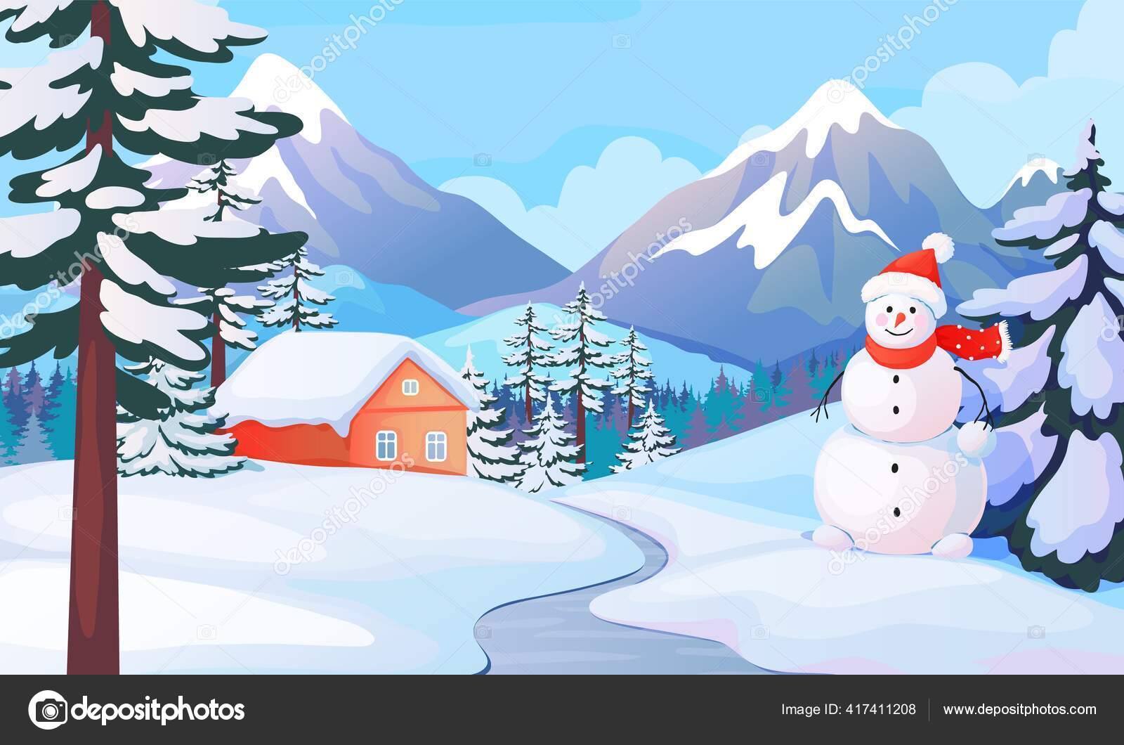 Image vectorielle Paysage hivernal de bonhomme de neige. Maison dans la  vallée enneigée de montagne. Fond de bande dessinée avec des dérives de  neige et sculpture sur glace. Vue saison froide, carte, image size:1600x1060