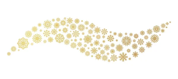 Золотая волна снежинка. Ледовый хрустальный праздничный эффект, рождественские шаблоны для украшения и поздравительных открыток, макет новогодних приглашений. Векторный изолированный золотой снежный изогнутый фон полосы — стоковый вектор