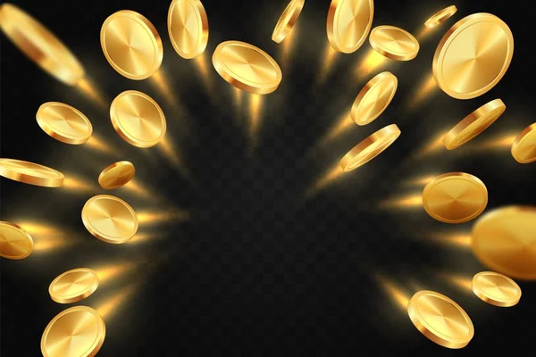 Goldene fliegende Münzen. Annähernder Cashflow auf schwarzem Hintergrund, 3D-Geldregen. Casino-Symbol, realistische monetäre Blanko-Goldvorlage. Vektor finanzieller oder Lotterieerfolg Illustration — Stockvektor