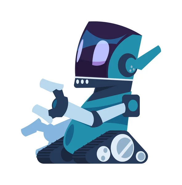 Robot Android. Asistente personal de dibujos animados. Fantástica máquina con antenas. Tecnologías futuristas mascota, juguetes publicitarios y juegos de ordenador. Ilustración de la innovación tecnológica vectorial — Vector de stock