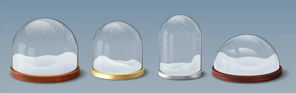 Sneeuwbol. Realistische glazen koepel met sneeuwvlokken, collectie van lege bolvormige en bel basis. Kerst transparant materiaal souvenir template. Vakantie cadeau, vector 3D glanzend set — Stockvector