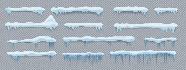 Tappi da neve. Elementi decorativi del tetto e della finestra, realistico effetto top nevoso 3D. Gocce d'acqua congelate, modello di ghiaccioli. Decorazione della stagione fredda, vettore isolato impostato su sfondo trasparente — Vettoriale Stock