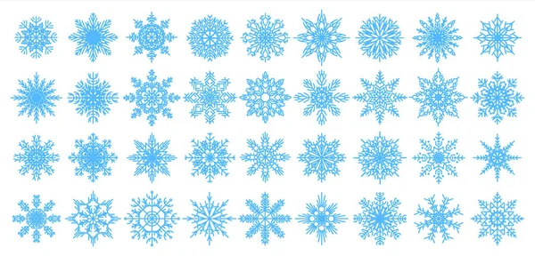 Modré ikony sněhových vloček. Vánoční a novoroční dekor na plakáty, pohlednice a pozdrav. Vánoční dárky balicí papír nebo zimní vločky textilní šablony. Vektor sníh hvězdy clip art set — Stockový vektor