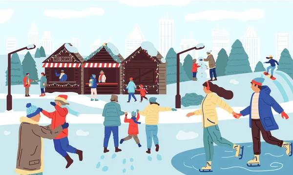 Gente en el parque de invierno. Familias felices actividades de invierno estacionales, patinaje, snowboard, esquí. Parque de la ciudad nevada con pista de hielo y tiendas de comida y regalos locales. Vector ilustración al aire libre — Vector de stock