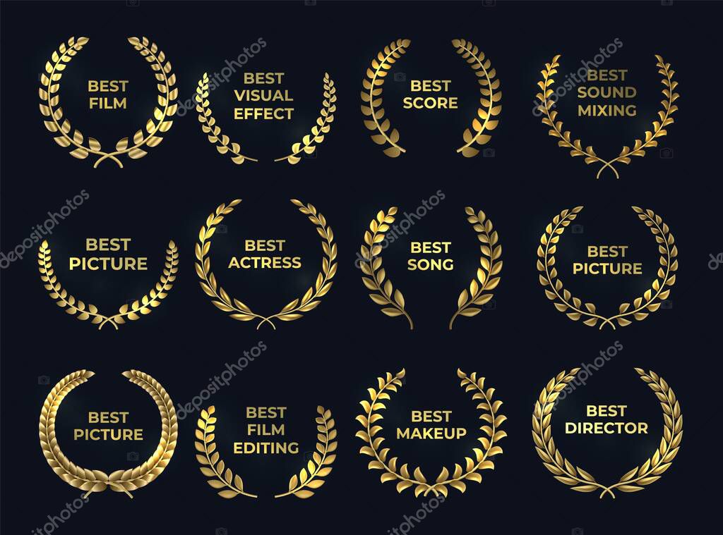 Golden laurel or palm wreath. Realistic cinema awards, leaf shapes winner prize. Isolated gold branches and nomination text. Film, directing, music nominate at tradition ceremony. Vector premium set
