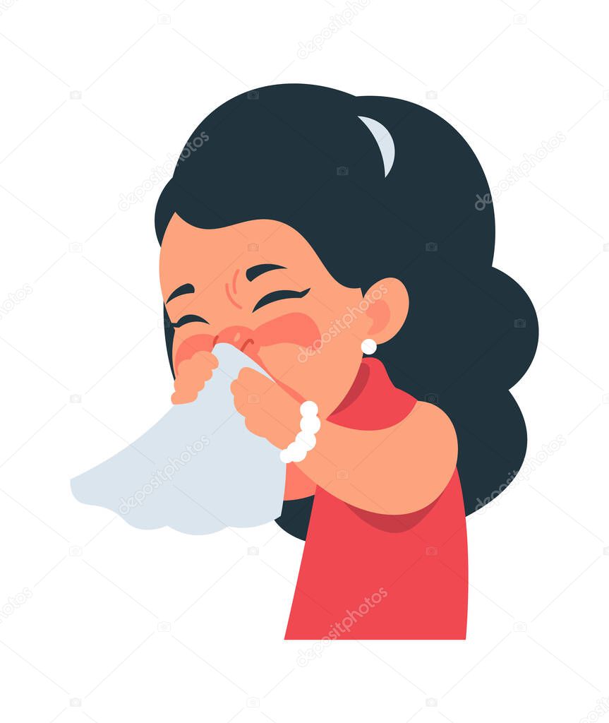 Sneezing girl. Cartoon character coughing and catching flu. Cute kid blows nose into handkerchief. Respiratory illness symptom, medicines for common cold logo template. Vector healthcare illustration