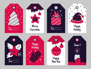 Noel etiketleri. Yeni yıl hediyesi ve yılbaşı hediyeleri kış tatili dekoratif unsurlarıyla birlikte. Kutlama ağacı ve noktalama, toplar ve şapka, mum ve kutu vektör karikatür etiketi seti