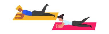 Spor salonu egzersizleri. İnsanlar yalan söyler ve bacaklarını sallar. Erkek ve kadın jimnastik minderinde spor yapıyor. Pilates yoga eğitimi reklamı, fitness merkezi şablonu. Vektör çalışması illüstrasyonu