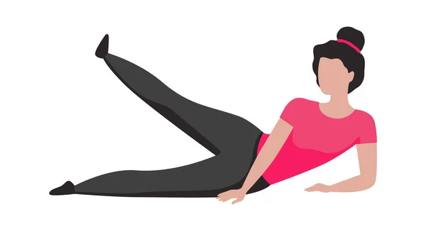 Cartoon vrouwelijke karakter fitness oefeningen. Vrouw in sport uniform training, actieve sterke meisje in sportkleding doen pilates workout of yoga gezonde levensstijl platte vector illustratie — Stockvector