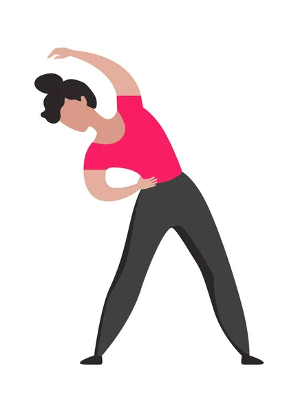 Sporttraining. Slank atletisch meisje in sportkleding, actieve vrouwelijke sterke karakter in sport uniform doen oefeningen, fitness workout of yoga platte vector cartoon geïsoleerde illustratie — Stockvector