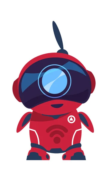 Personaje robot amigable. Juguete inteligente, mascota electrónica. Androide rojo con antena. Plantilla auxiliar para soporte web. Innovación tecnológica evento publicidad vector ilustración — Vector de stock