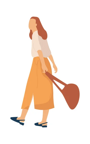 Desenhos animados modernos pessoa feminina. Personagem de mulher vai passear no parque. Menina caminhando ao ar livre em saia e blusa, roupas da moda combinação lazer atividades vetor isolado ilustração —  Vetores de Stock