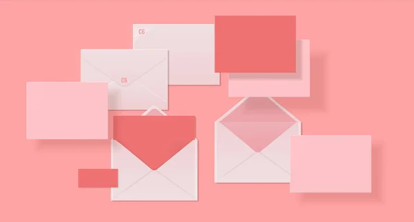 Realistic envelopes. Paper or cardboard 3D mockup design, open and close letters, pink cards with copy space. Template for corporate branding with shadows and crumple effect, vector set — Stock Vector