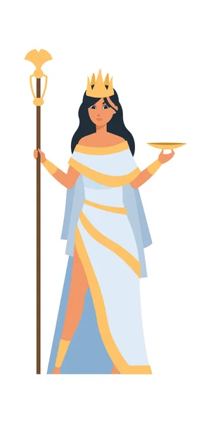Héra görög istennő. Ősi mitológiai karakter. Karnevál jelmez, ünnepi ruhák. Fehér ruhás nő, arany korona és királyság. Pantheon tagja, vektor olimpiai isten illusztráció — Stock Vector