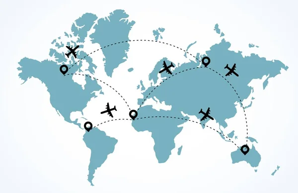 Mapa del mundo con aviones voladores. Concepto de viaje, marcas de ubicación en los continentes. Rastrea la línea de la carretera. Publicidad de vuelos turísticos o aéreos. Ilustración aislada de ruta de planificación vectorial — Vector de stock